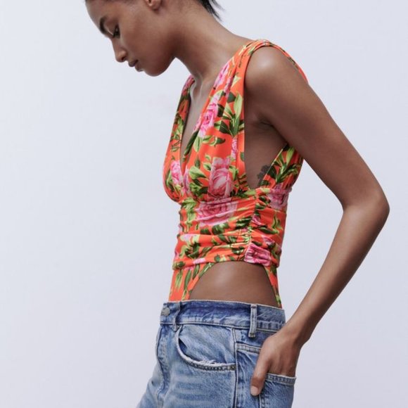 NWT - Zara Floral Printed Draped Bodysuit - Picture 7 of 7